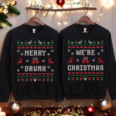 Merry Drunk We're Christmas Couple Matching Shirt Product Photo 1