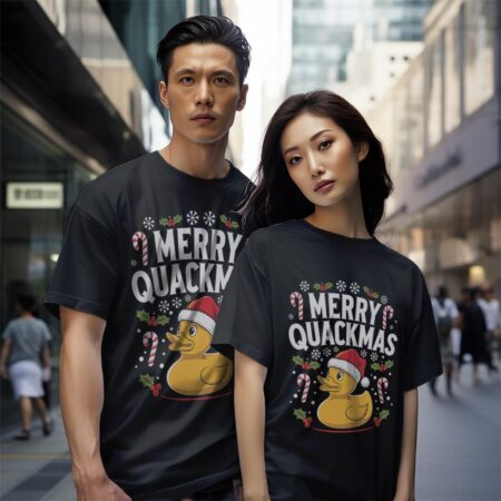 Merry Quackmas Christmas Rubber Duck Shirt Gift - Black Couple White T-Shirt