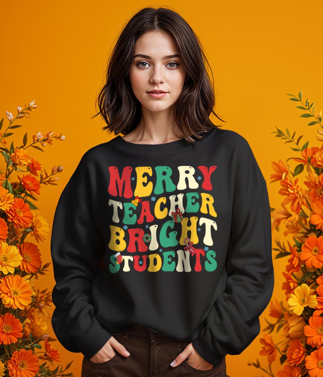 Merry Teacher Bright Students Christmas Teacher Shirt Gift - Girl Black Swearshirt