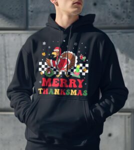 Merry Thanksmas Christmas Thanksgiving Turkey Santa Shirt Gift - Men Black Hoodie