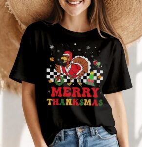 Merry Thanksmas Christmas Thanksgiving Turkey Santa Shirt Gift - Women Black T-Shirt