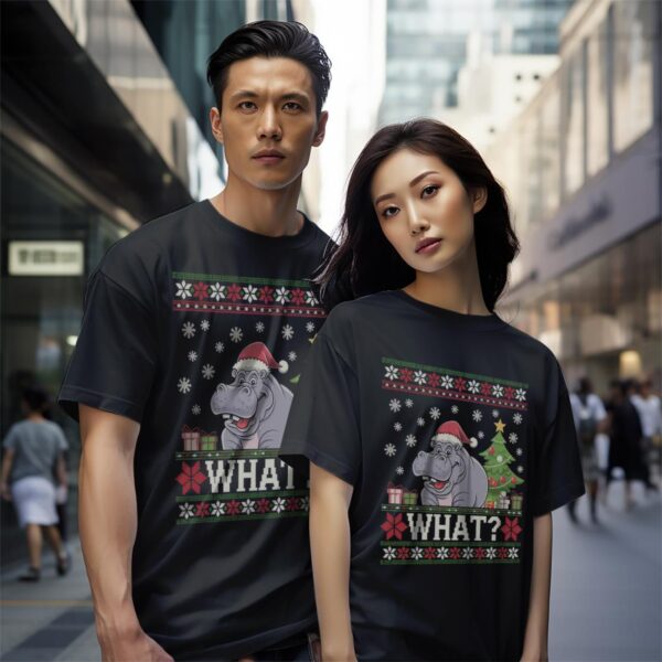 Moo Deng Christmas Funny Moo Deng Pushing Christmas Tree Shirt Gift - Black Couple White T-Shirt