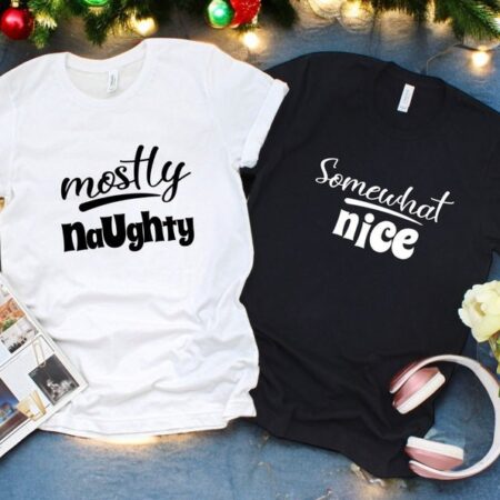 Mostly Naughty And Somewhat Nice Couple Matching Christmas Shirt Product Photo 1