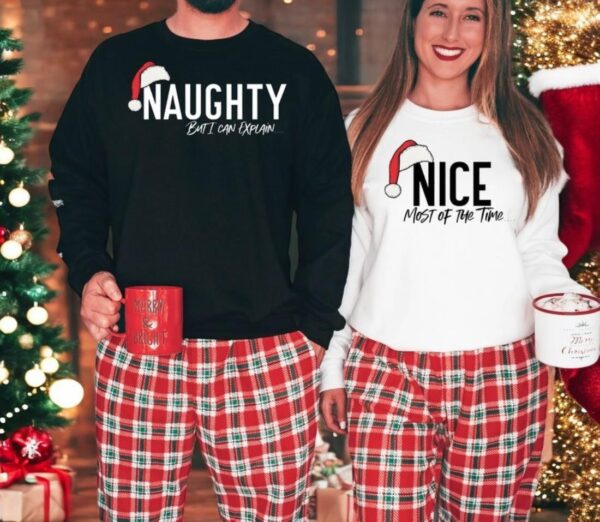 Naughty and Nice Humorous Christmas Couple Matching Sweatshirt Product Photo 1