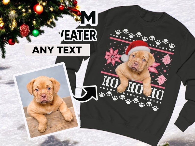 Santa Dog On Ho Ho Ho Cusom Face Ugly Christmas Sweater Product Photo 2