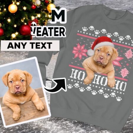 Santa Dog On Ho Ho Ho Cusom Face Ugly Christmas Sweater Product Photo 1