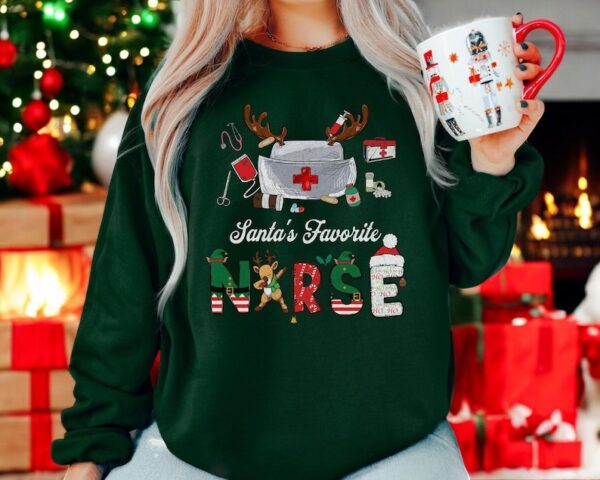 Santa Favorite Nurse, Nursing School Christmas Sweatshirt Product Photo 1