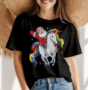 Santa Riding Unicorn T Shirt Christmas Gifts Rainbow Space Xmas T-shirt Product Photo 4