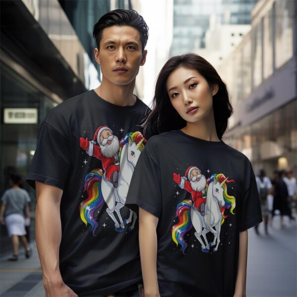 Santa Riding Unicorn T Shirt Christmas Gifts Rainbow Space Xmas T-shirt Product Photo 1