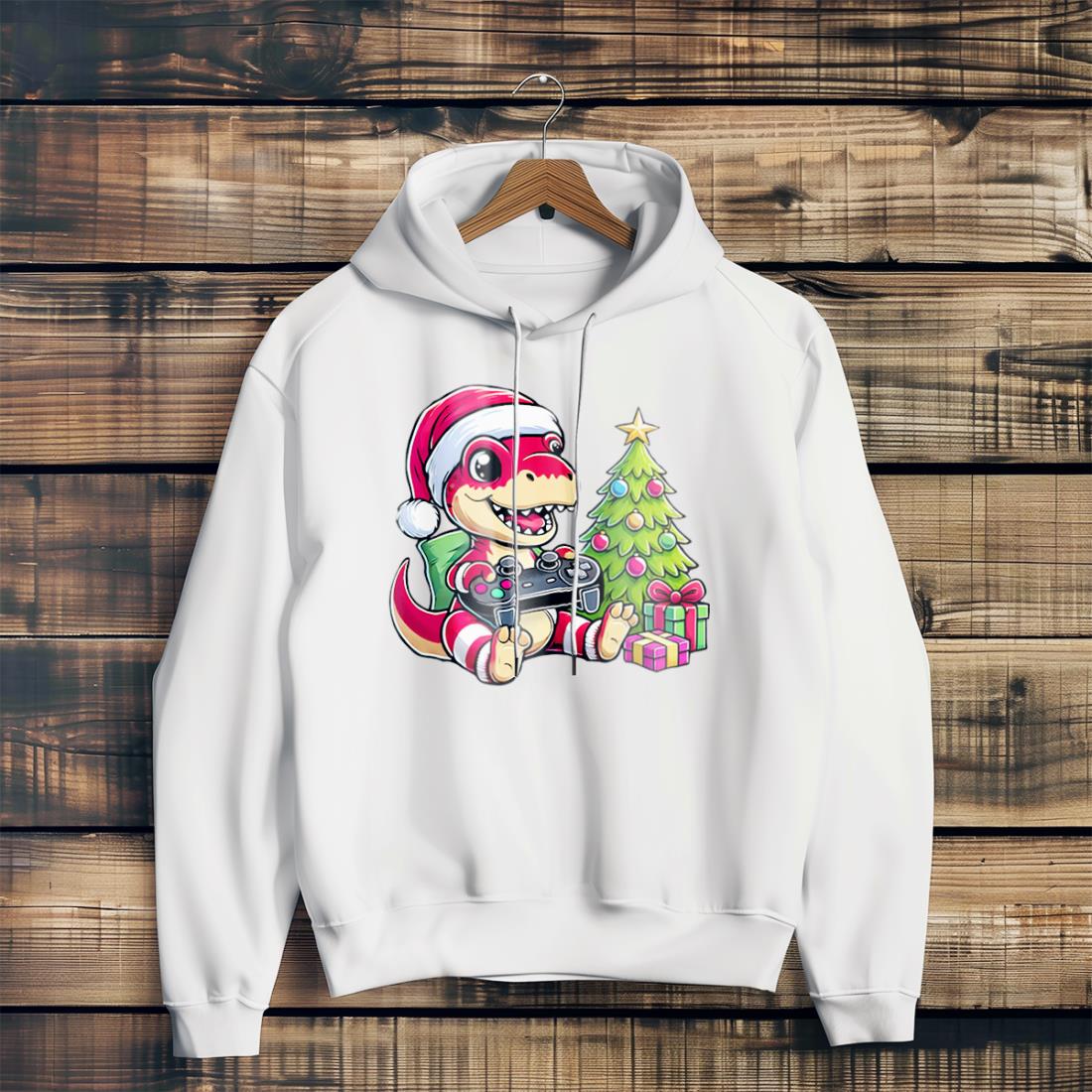 Santa T Rex Gaming_ Cute Christmas Dinosaur with Controller T-Shirt Product Photo 2