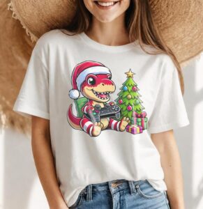 Santa T Rex Gaming_ Cute Christmas Dinosaur with Controller T-Shirt Product Photo 4