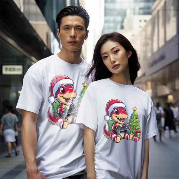 Santa T Rex Gaming_ Cute Christmas Dinosaur with Controller T-Shirt Product Photo 1