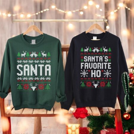 santa's favoite ho funny Christmas couple matching shirts Product Photo 1