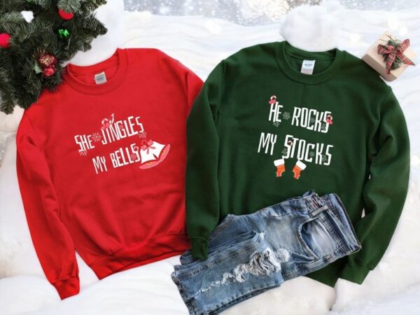 She Jingles My Bells, He Rocks My Stocks Couple Matching Christmas Shirt Product Photo 1