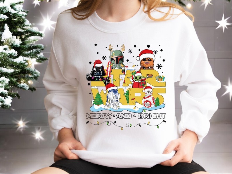 Star Wars Merry and Bright, Baby Yoda Darth Vader Storm Trooper Sweatershirt Product Photo 2