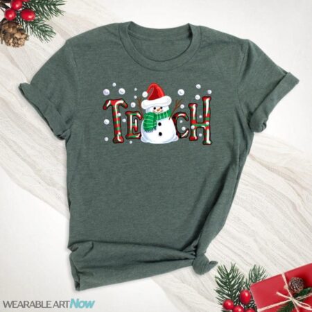 Teach Snowman Christmas Teacher Shirt, Winter Snowman Christmas hat Shirt Product Photo 1