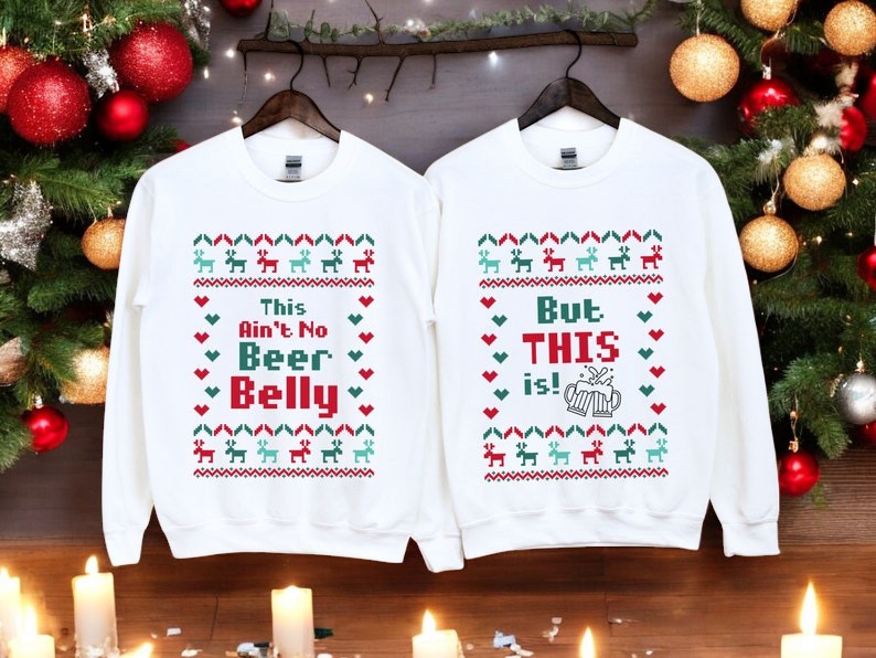 This Ain't No Beer Belly Pregnancy Christmas Couple Matching Sweatshirt Product Photo 2