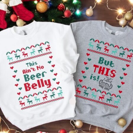 This Ain't No Beer Belly Pregnancy Christmas Couple Matching Sweatshirt Product Photo 1