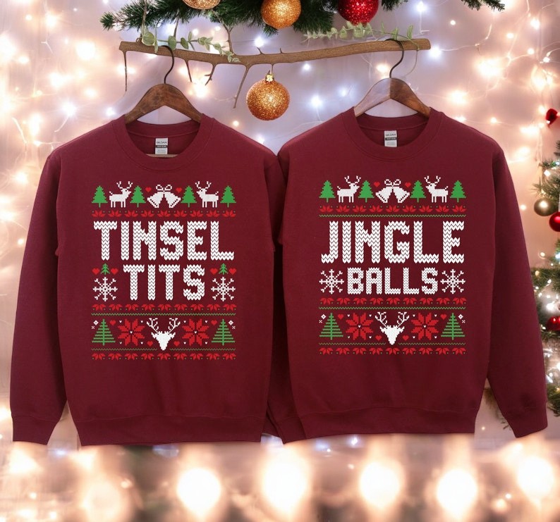 Tinsel Tits Jingle Balls Couple Matching Christmas Shirt Product Photo 2