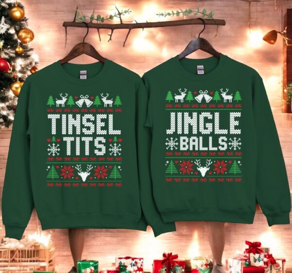 Tinsel Tits Jingle Balls Couple Matching Christmas Shirt Product Photo 1