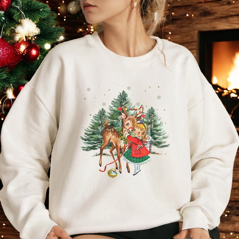 Vintage Christmas Girl And Reindeer Christmas Sweatshirt Product Photo 2