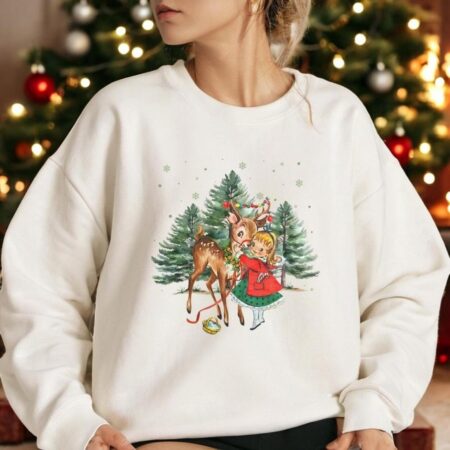 Vintage Christmas Girl and Reindeer Shirt Product Photo 1