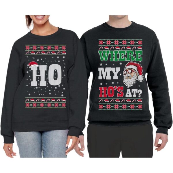 Where My Ho's At His Her Couples Best Friends Sweatshirt Ugly Christmas Matching Couples Product Photo 1