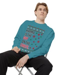 Iefs In My Era Movie Christmas Outfit Karma Is The Guy On The Chiefs New Designs Ugly Christmas Sweater Unisex Crewneck Sweatshirt Product Photo 4