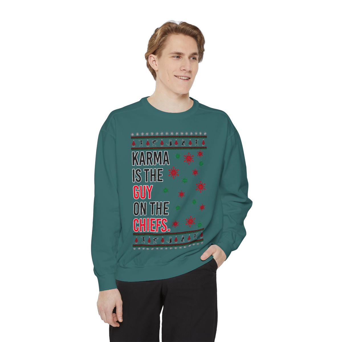 Iefs In My Era Movie Christmas Outfit Karma Is The Guy On The Chiefs New Patten Ugly Christmas Sweater Unisex Crewneck Sweatshirt Product Photo 2