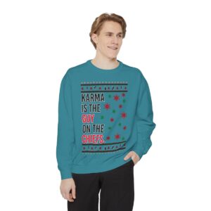 Iefs In My Era Movie Christmas Outfit Karma Is The Guy On The Chiefs New Patten Ugly Christmas Sweater Unisex Crewneck Sweatshirt Product Photo 3