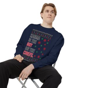 Iefs In My Era Movie Christmas Outfit Karma Is The Guy On The Chiefs New Patten Ugly Christmas Sweater Unisex Crewneck Sweatshirt Product Photo 4