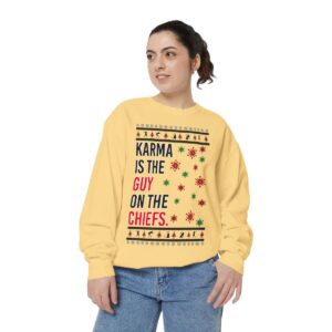 Iefs In My Era Movie Christmas Outfit Karma Is The Guy On The Chiefs New Patten Ugly Christmas Sweater Unisex Crewneck Sweatshirt Product Photo 6