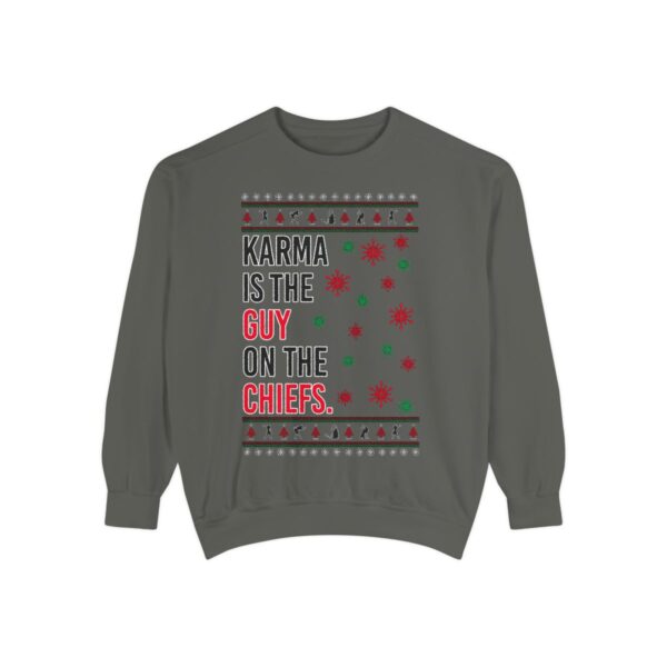 Iefs In My Era Movie Christmas Outfit Karma Is The Guy On The Chiefs New Patten Ugly Christmas Sweater Unisex Crewneck Sweatshirt Product Photo 1