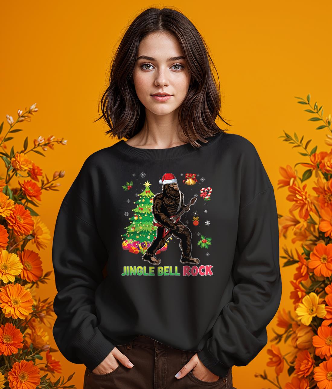 Jingle Bell Rock Bigfoot Playing Guitar Santa Christmas Sweatshirt Product Photo 2