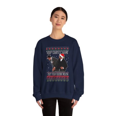 Will Smith Slapping Chris Rock Keep Santa's Name Uot Your Fuckin' Mouth Ugly Christmas Sweater Sweatshirt Product Photo 1