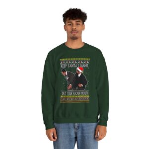 Will Smith Slapping Chris Rock Meme Award Show Ugly Christmas Sweater Keep Santa's Name Uot Your Fuckin' Mouth Christmas Pattern Sweatshirt Product Photo 3