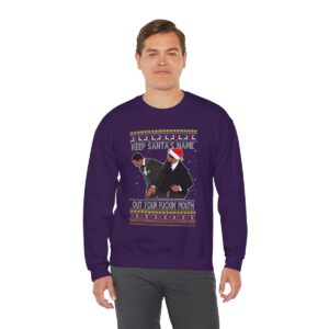 Will Smith Slapping Chris Rock Meme Award Show Ugly Christmas Sweater Keep Santa's Name Uot Your Fuckin' Mouth Christmas Pattern Sweatshirt Product Photo 6