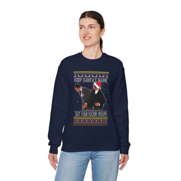 Will Smith Slapping Chris Rock Meme Award Show Ugly Christmas Sweater Keep Santa's Name Uot Your Fuckin' Mouth Christmas Pattern Sweatshirt Product Photo 1