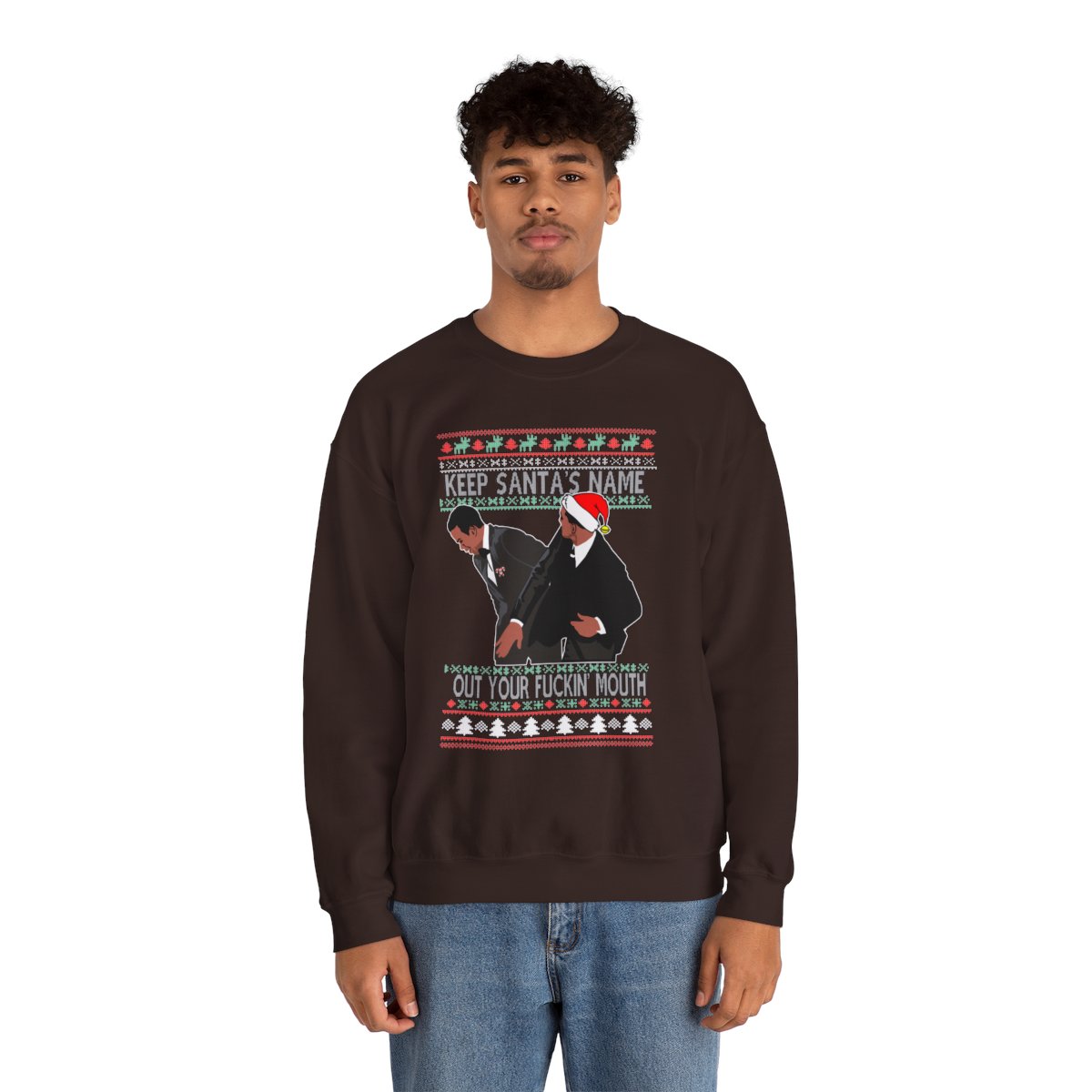 Will Smith Slapping Chris Rock Meme Award Show Ugly Christmas Sweater Keep Santa's Name Uot Your Fuckin' Mouth Sweatshirt Product Photo 2