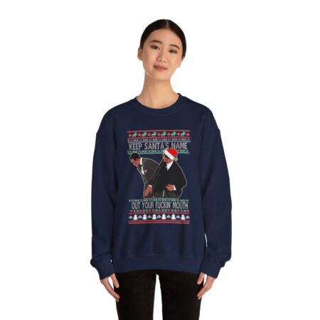 Will Smith Slapping Chris Rock Meme Award Show Ugly Christmas Sweater Keep Santa's Name Uot Your Fuckin' Mouth Sweatshirt Product Photo 1