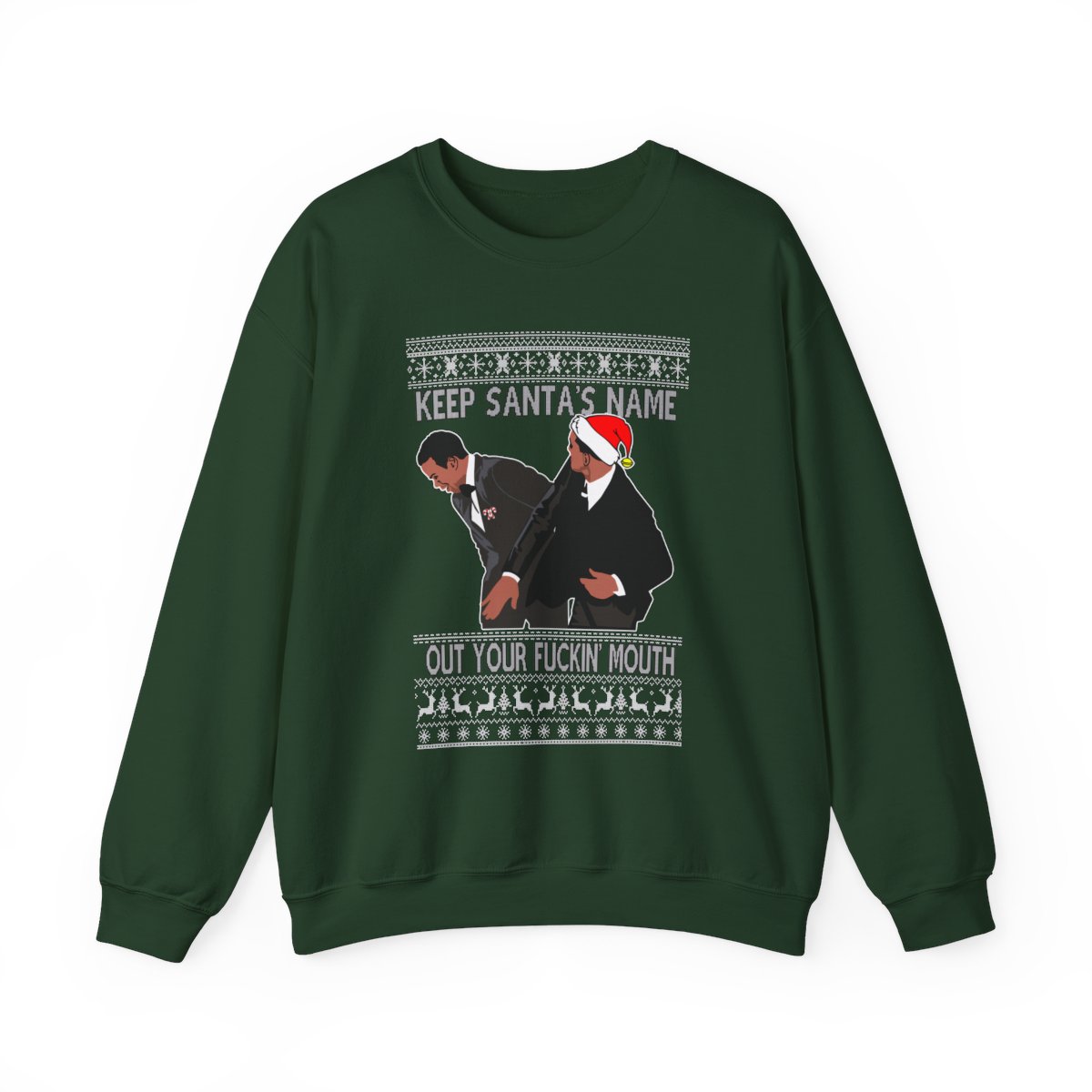 Will Smith Slapping Chris Rock Meme Award Show Ugly Christmas Sweater Keep Santa's Name Uot Your Fuckin' Mouth White Pattern Sweatshirt Product Photo 2