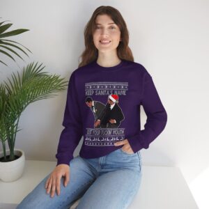 Will Smith Slapping Chris Rock Meme Award Show Ugly Christmas Sweater Keep Santa's Name Uot Your Fuckin' Mouth White Pattern Sweatshirt Product Photo 5