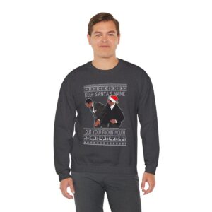 Will Smith Slapping Chris Rock Meme Award Show Ugly Christmas Sweater Keep Santa's Name Uot Your Fuckin' Mouth White Pattern Sweatshirt Product Photo 6