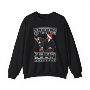 Will Smith Slapping Chris Rock Meme Award Show Ugly Christmas Sweater Keep Santa's Name Uot Your Fuckin' Mouth White Pattern Sweatshirt Product Photo 7