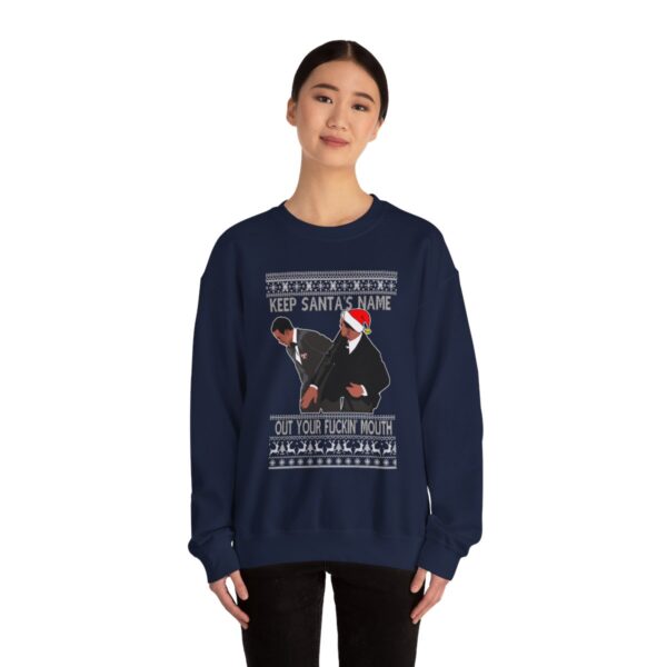 Will Smith Slapping Chris Rock Meme Award Show Ugly Christmas Sweater Keep Santa's Name Uot Your Fuckin' Mouth White Pattern Sweatshirt Product Photo 1