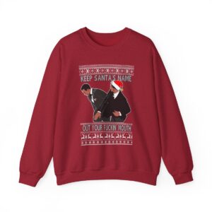 Will Smith Slapping Chris Rock Meme Award Show Ugly Christmas Sweater Keep Santa's Name Uot Your Fuckin' Mouth White Pattern Sweatshirt Product Photo 8