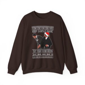 Will Smith Slapping Chris Rock Meme Award Show Ugly Christmas Sweater Keep Santa's Name Uot Your Fuckin' Mouth White Pattern Sweatshirt Product Photo 9