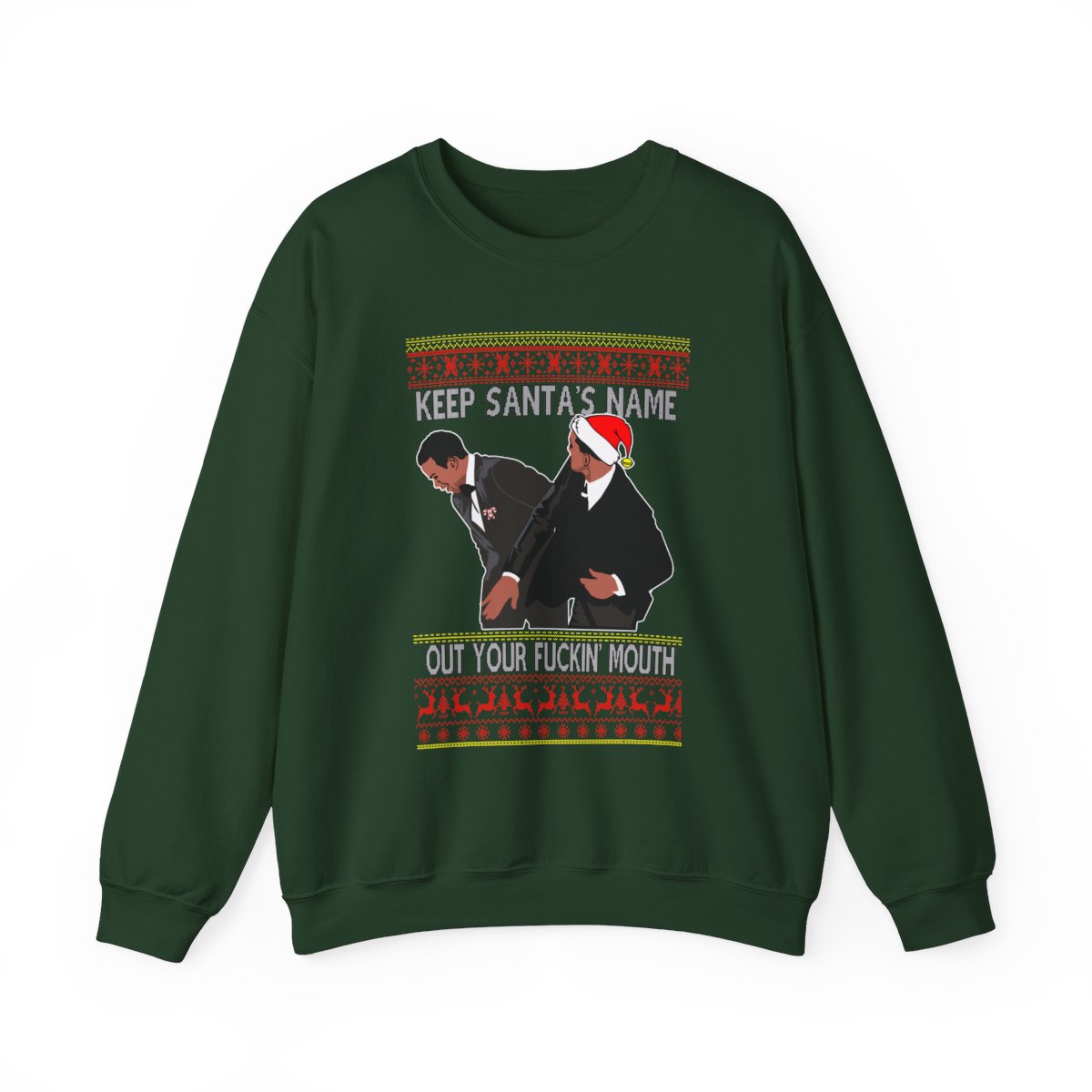 Will Smith Slapping Chris Rock Meme Award Show Ugly Christmas Sweater Keep Santa's Name Uot Your Fuckin' Mouth Yellow Pattern Sweatshirt Product Photo 2