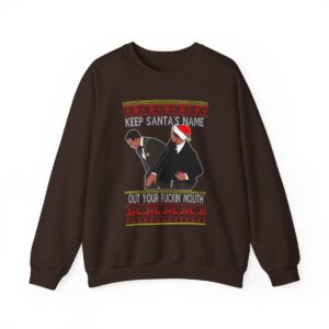 Will Smith Slapping Chris Rock Meme Award Show Ugly Christmas Sweater Keep Santa's Name Uot Your Fuckin' Mouth Yellow Pattern Sweatshirt Product Photo 11