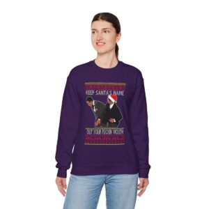 Will Smith Slapping Chris Rock Meme Award Show Ugly Christmas Sweater Keep Santa's Name Uot Your Fuckin' Mouth Yellow Pattern Sweatshirt Product Photo 6